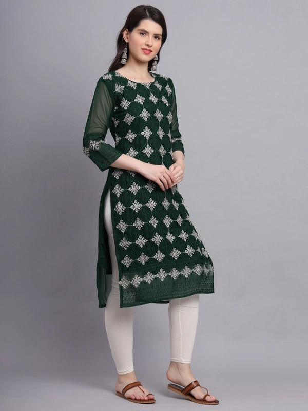 FWVLS PREMIUM GEORGETTE CHIKANKARI KURTI - M-38, Dark Green