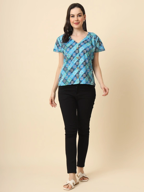 FWVL FANCY PRINTED CREP  SHORT TOP - M-38, Havelock Blue