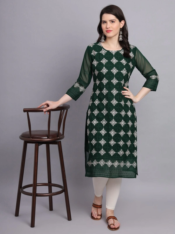 FWVLS PREMIUM GEORGETTE CHIKANKARI KURTI - M-38, Dark Green