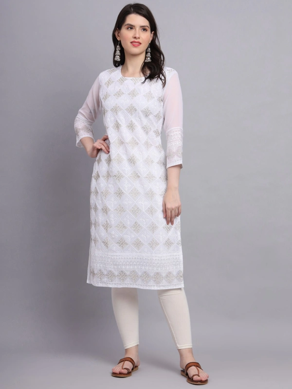 FWVLS PREMIUM GEORGETTE CHIKANKARI KURTI - M-38, White