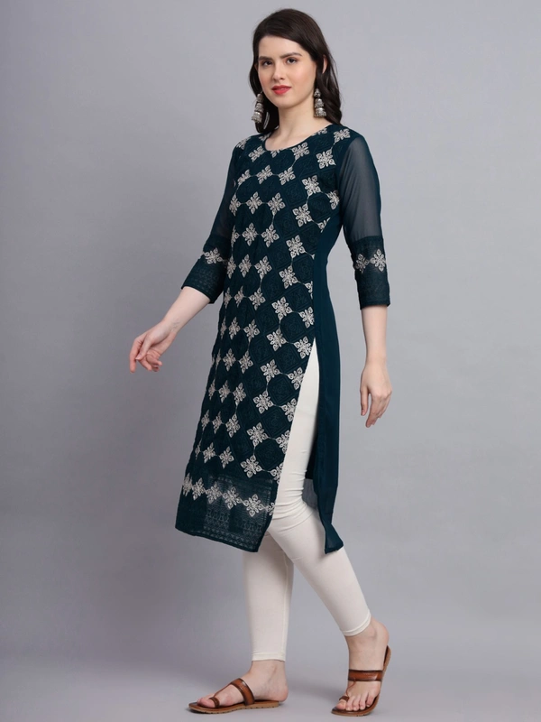 FWVLS PREMIUM GEORGETTE CHIKANKARI KURTI - M-38, Cyan-Blue