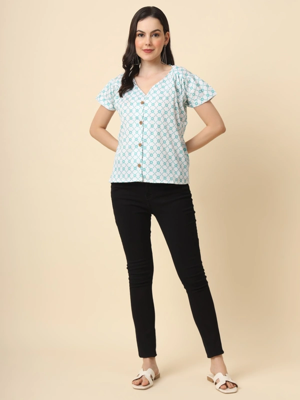 FWVL FANCY PRINTED CREP  SHORT TOP - M-38, Cyan Check