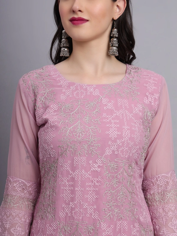 FWVLS LUCKNOWI CHIKANKARI GEORGETTE KURTI - M-38, Pink