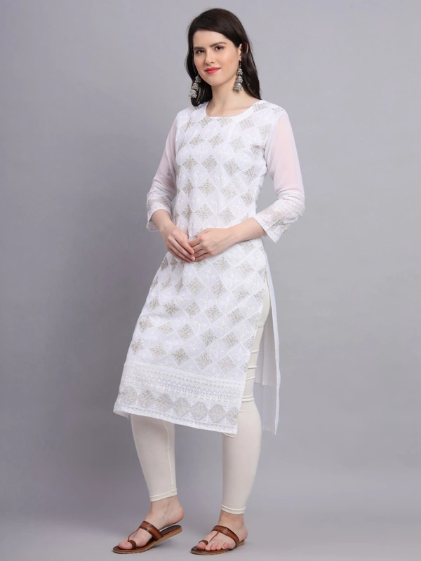 FWVLS PREMIUM GEORGETTE CHIKANKARI KURTI - M-38, White