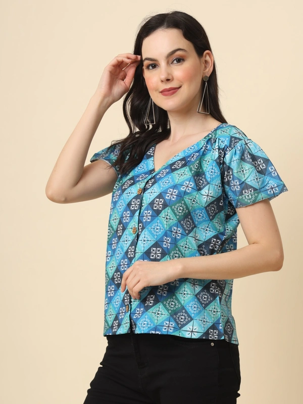 FWVL FANCY PRINTED CREP  SHORT TOP - M-38, Havelock Blue