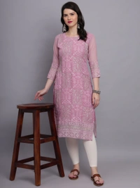FWVLS LUCKNOWI CHIKANKARI GEORGETTE KURTI - M-38, Pink