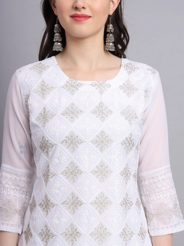 FWVLS PREMIUM GEORGETTE CHIKANKARI KURTI - M-38, White