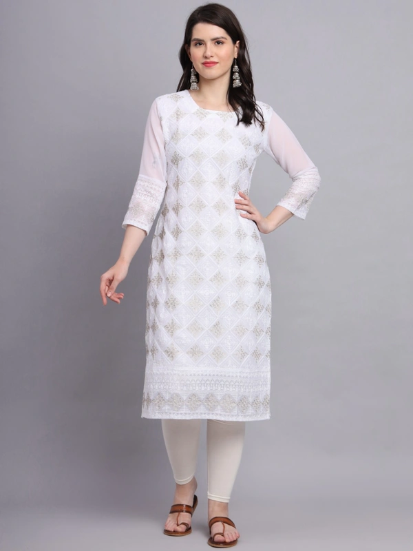 FWVLS PREMIUM GEORGETTE CHIKANKARI KURTI - M-38, White