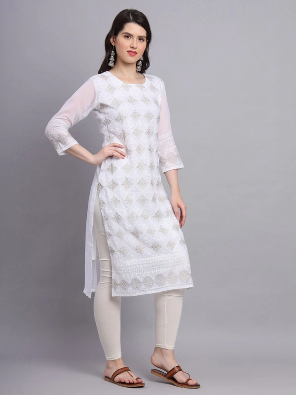 FWVLS PREMIUM GEORGETTE CHIKANKARI KURTI - M-38, White
