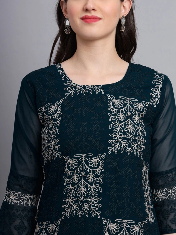 FWVLS LUCKNOWI CHIKANKARI GEORGETTE KURTI - L-40, Black Pearl