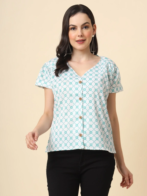 FWVL FANCY PRINTED CREP  SHORT TOP - M-38, Cyan Check