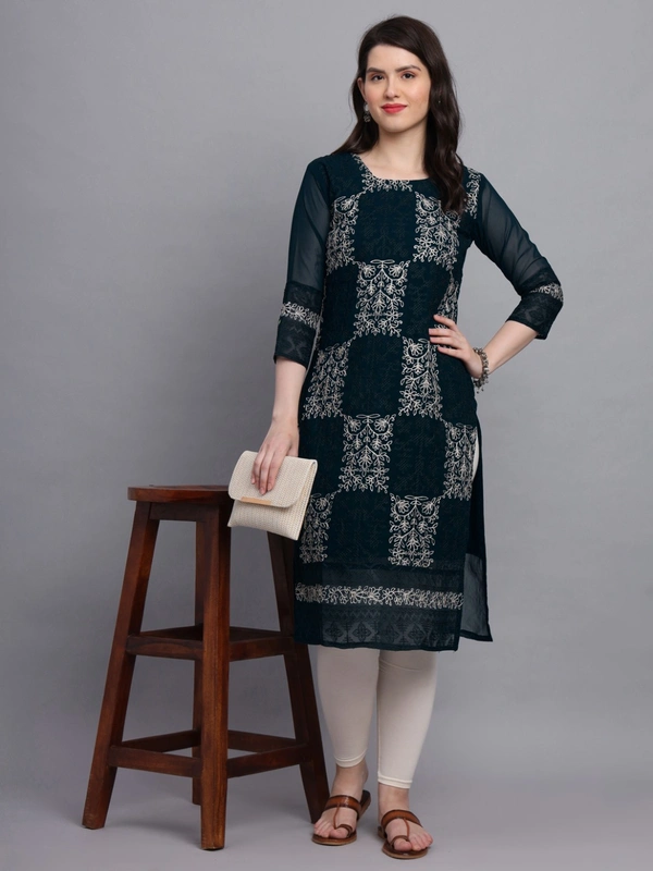FWVLS LUCKNOWI CHIKANKARI GEORGETTE KURTI - L-40, Black Pearl