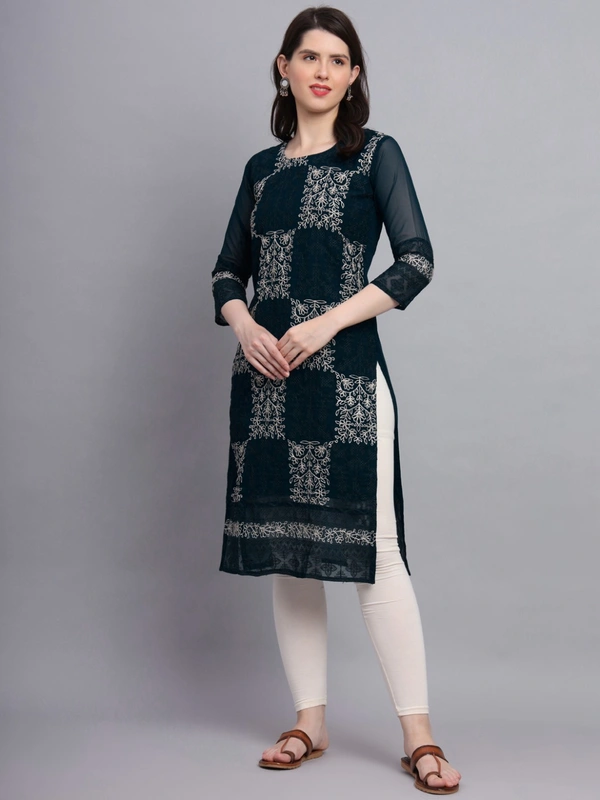 FWVLS LUCKNOWI CHIKANKARI GEORGETTE KURTI - L-40, Black Pearl