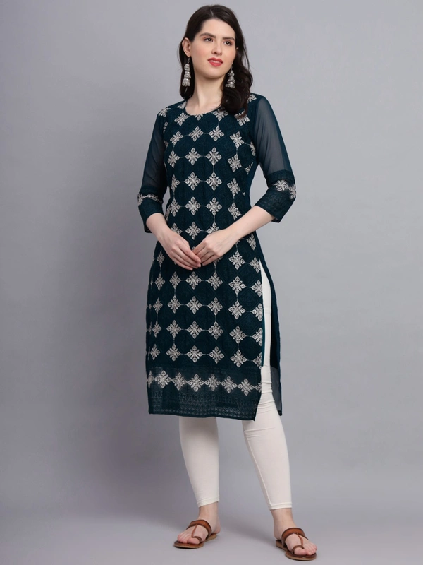 FWVLS PREMIUM GEORGETTE CHIKANKARI KURTI - M-38, Cyan-Blue
