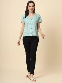 FWVL FANCY PRINTED CREP  SHORT TOP - M-38, Cyan