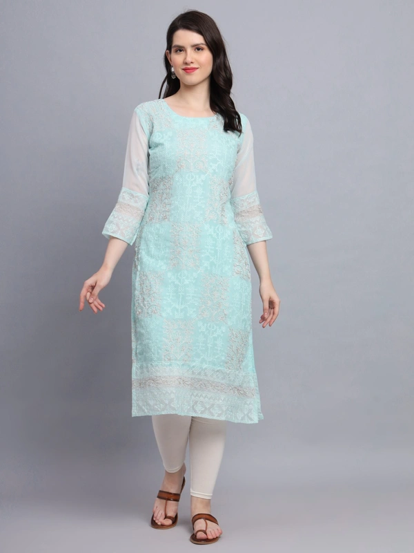 FWVLS LUCKNOWI CHIKANKARI GEORGETTE KURTI - L-40, Cyan