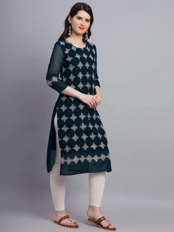 FWVLS PREMIUM GEORGETTE CHIKANKARI KURTI - M-38, Cyan-Blue