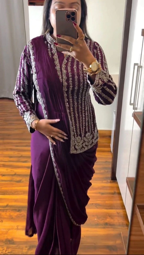 FWHB CORDING WORK EMBROIDERED READY TO WEAR SAREE WITH FULL COTI - XL, Wine