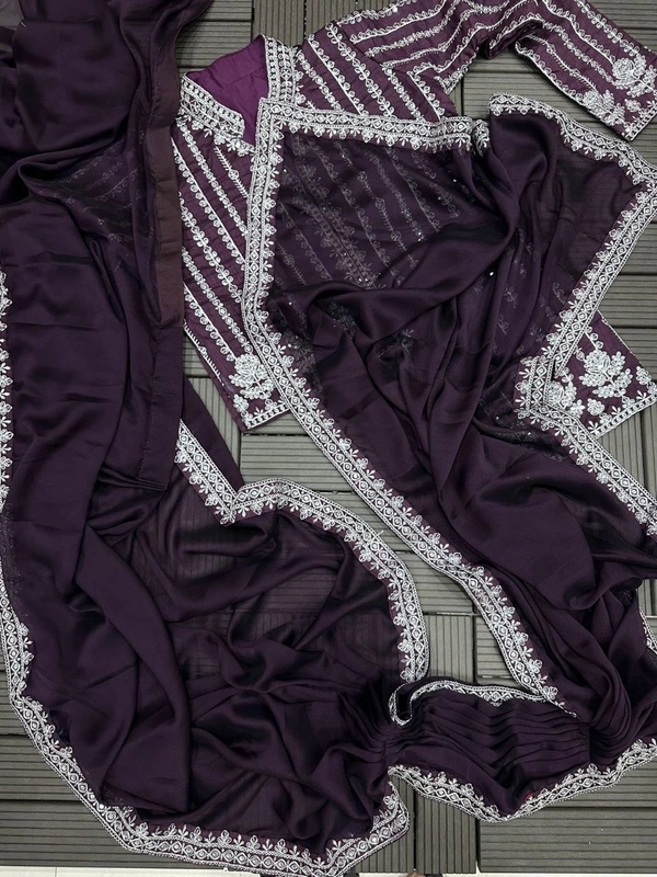 FWHB CORDING WORK EMBROIDERED READY TO WEAR SAREE WITH FULL COTI - XL, Wine