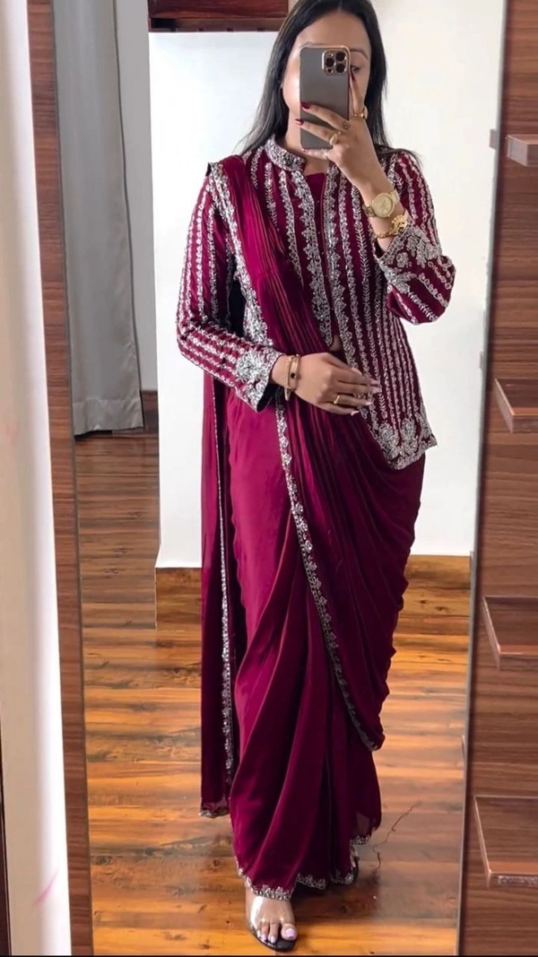 FWHB CORDING WORK EMBROIDERED READY TO WEAR SAREE WITH FULL COTI - XL, Pinkish Red