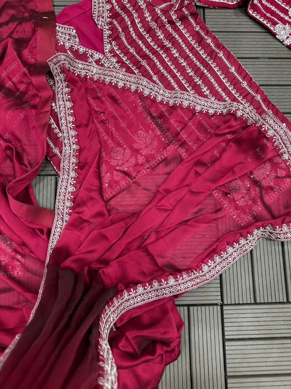FWHB CORDING WORK EMBROIDERED READY TO WEAR SAREE WITH FULL COTI - XL, Pinkish Red