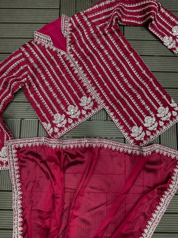 FWHB CORDING WORK EMBROIDERED READY TO WEAR SAREE WITH FULL COTI - XL, Pinkish Red