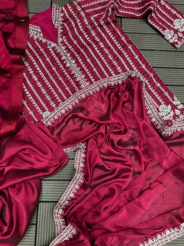 FWHB CORDING WORK EMBROIDERED READY TO WEAR SAREE WITH FULL COTI - XL, Pinkish Red