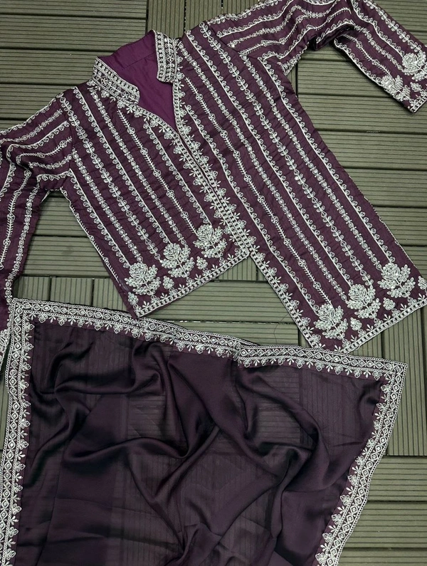 FWHB CORDING WORK EMBROIDERED READY TO WEAR SAREE WITH FULL COTI - XL, Wine