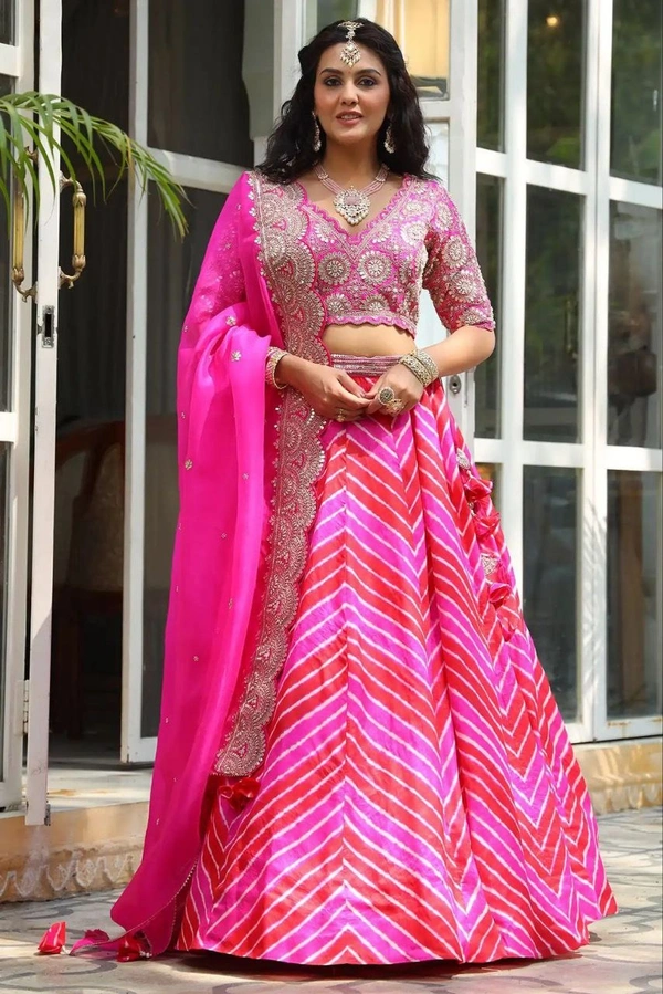 FWHB PRINTED LEHENGA WITH HEAVY EMBROIDERED BLOUSE AND ORGANZA DUPATTA - XL, PINK