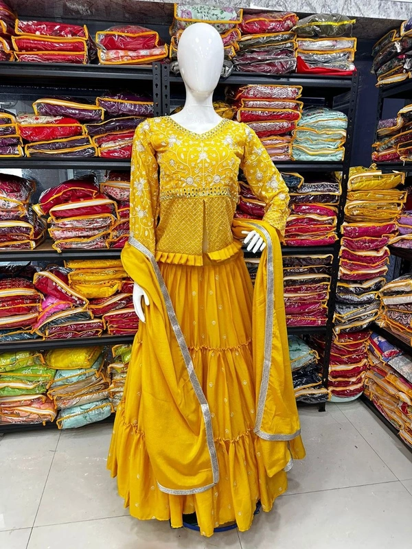 FWHB EMBROIDERY SEQUINS WORK PARTY WEAR JACKET LEHENGA WITH DUPATTA - XL, Yellow
