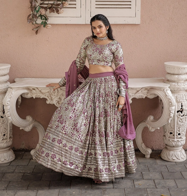 FWKA DESIGNER SEQUINS WORK PARTY WEAR GEOEGETTE LEHENGA CHOLI WITH DUPATTA - XL-42, Copper Rose