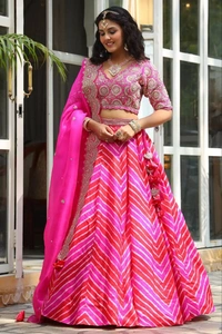FWHB PRINTED LEHENGA WITH HEAVY EMBROIDERED BLOUSE AND ORGANZA DUPATTA - XL, PINK
