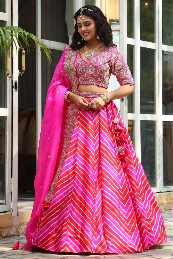 FWHB PRINTED LEHENGA WITH HEAVY EMBROIDERED BLOUSE AND ORGANZA DUPATTA - XL, PINK