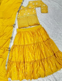 FWHB EMBROIDERY SEQUINS WORK PARTY WEAR JACKET LEHENGA WITH DUPATTA - XL, Yellow