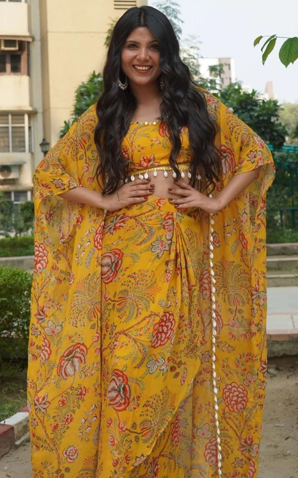 FWHB BEAUTIFUL DIGITAL PRINTED PARTY WEAR SHRUG WITH SHARARA - XL, Yellow