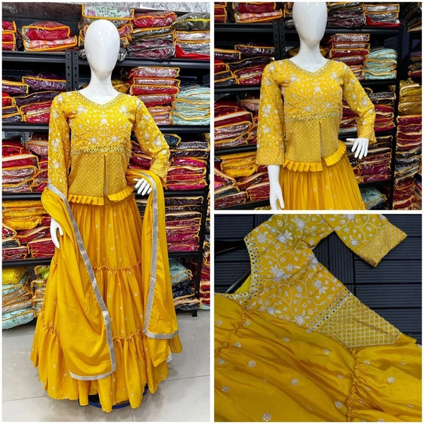 FWHB EMBROIDERY SEQUINS WORK PARTY WEAR JACKET LEHENGA WITH DUPATTA - XL, Yellow