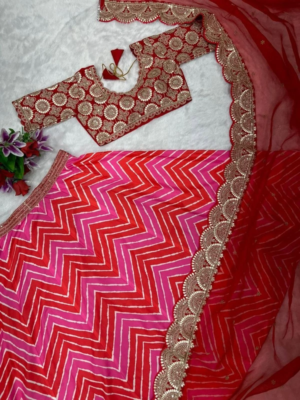 FWHB PRINTED LEHENGA WITH HEAVY EMBROIDERED BLOUSE AND ORGANZA DUPATTA - XL, Red