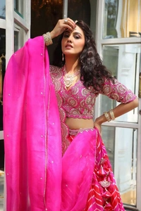 FWHB PRINTED LEHENGA WITH HEAVY EMBROIDERED BLOUSE AND ORGANZA DUPATTA - XL, PINK