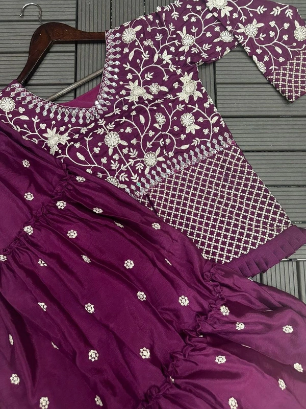 FWHB EMBROIDERY SEQUINS WORK PARTY WEAR JACKET LEHENGA WITH DUPATTA - XL, Wine