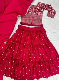 FWHB EMBROIDERY SEQUINS WORK PARTY WEAR JACKET LEHENGA WITH DUPATTA - XL, Rose Red