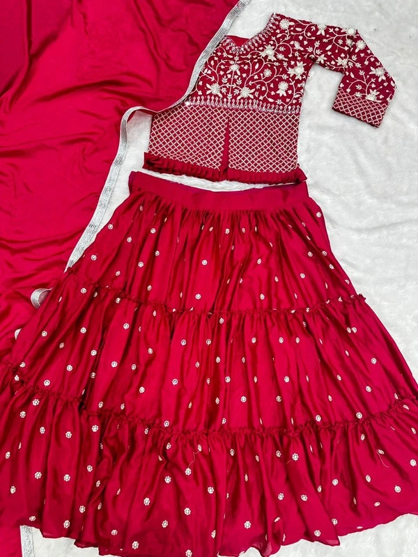FWHB EMBROIDERY SEQUINS WORK PARTY WEAR JACKET LEHENGA WITH DUPATTA - XL, Rose Red