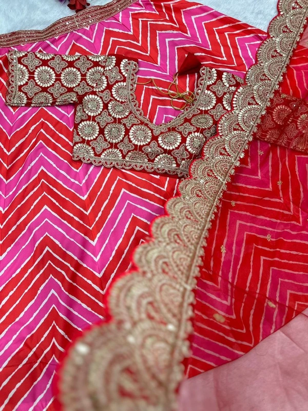 FWHB PRINTED LEHENGA WITH HEAVY EMBROIDERED BLOUSE AND ORGANZA DUPATTA - XL, Red