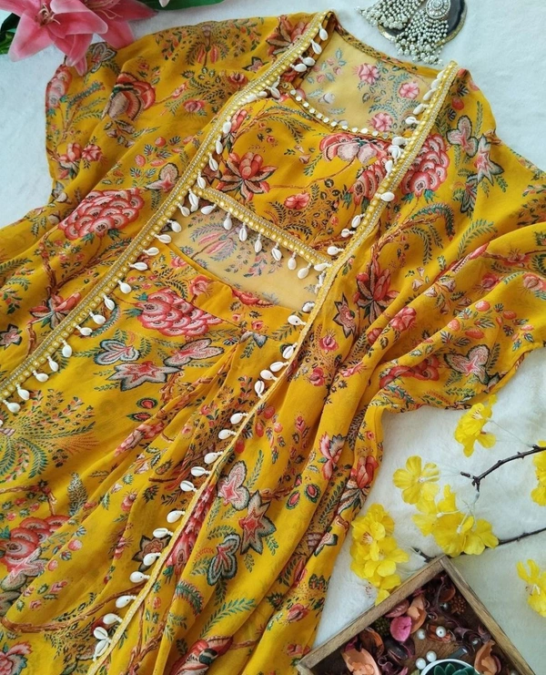 FWHB BEAUTIFUL DIGITAL PRINTED PARTY WEAR SHRUG WITH SHARARA - XL, Yellow