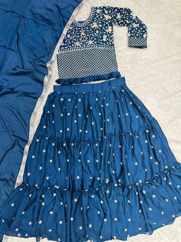 FWHB EMBROIDERY SEQUINS WORK PARTY WEAR JACKET LEHENGA WITH DUPATTA - XL, Blue