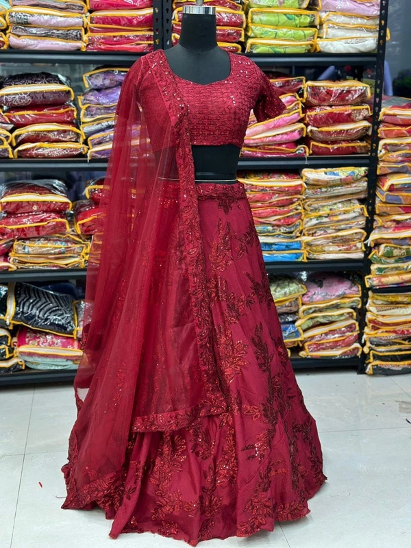 FWHB PARTY WEAR SEQUINS WORK GEORGETTE LEHENGA CHOLI DUPATTA - XL-42, Maroon
