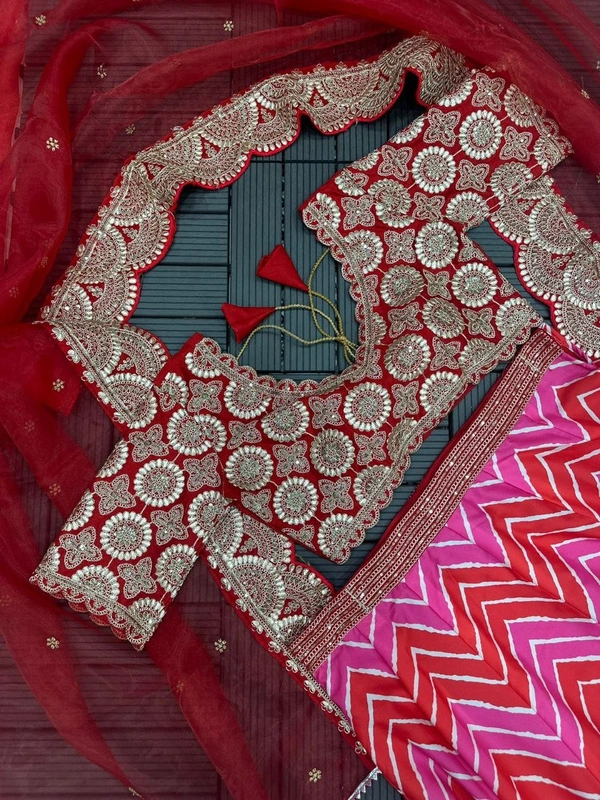 FWHB PRINTED LEHENGA WITH HEAVY EMBROIDERED BLOUSE AND ORGANZA DUPATTA - XL, Red