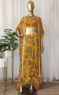FWHB BEAUTIFUL DIGITAL PRINTED PARTY WEAR SHRUG WITH SHARARA - XL, Yellow
