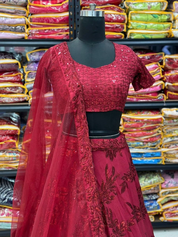 FWHB PARTY WEAR SEQUINS WORK GEORGETTE LEHENGA CHOLI DUPATTA - XL-42, Maroon
