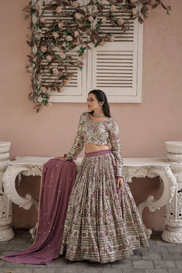 FWKA DESIGNER SEQUINS WORK PARTY WEAR GEOEGETTE LEHENGA CHOLI WITH DUPATTA - XL-42, Copper Rose