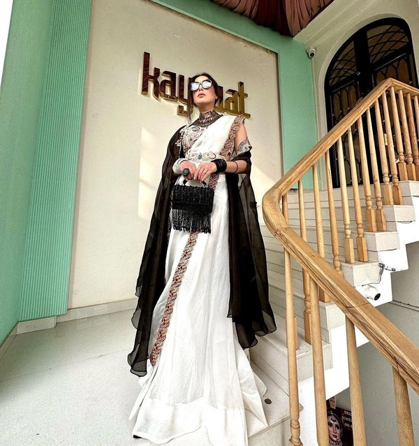 FWHB ORGENZA SHRUG WITH THREAD SEQUINS WORK BLOUSE AND SHARARA - XXL-44, White